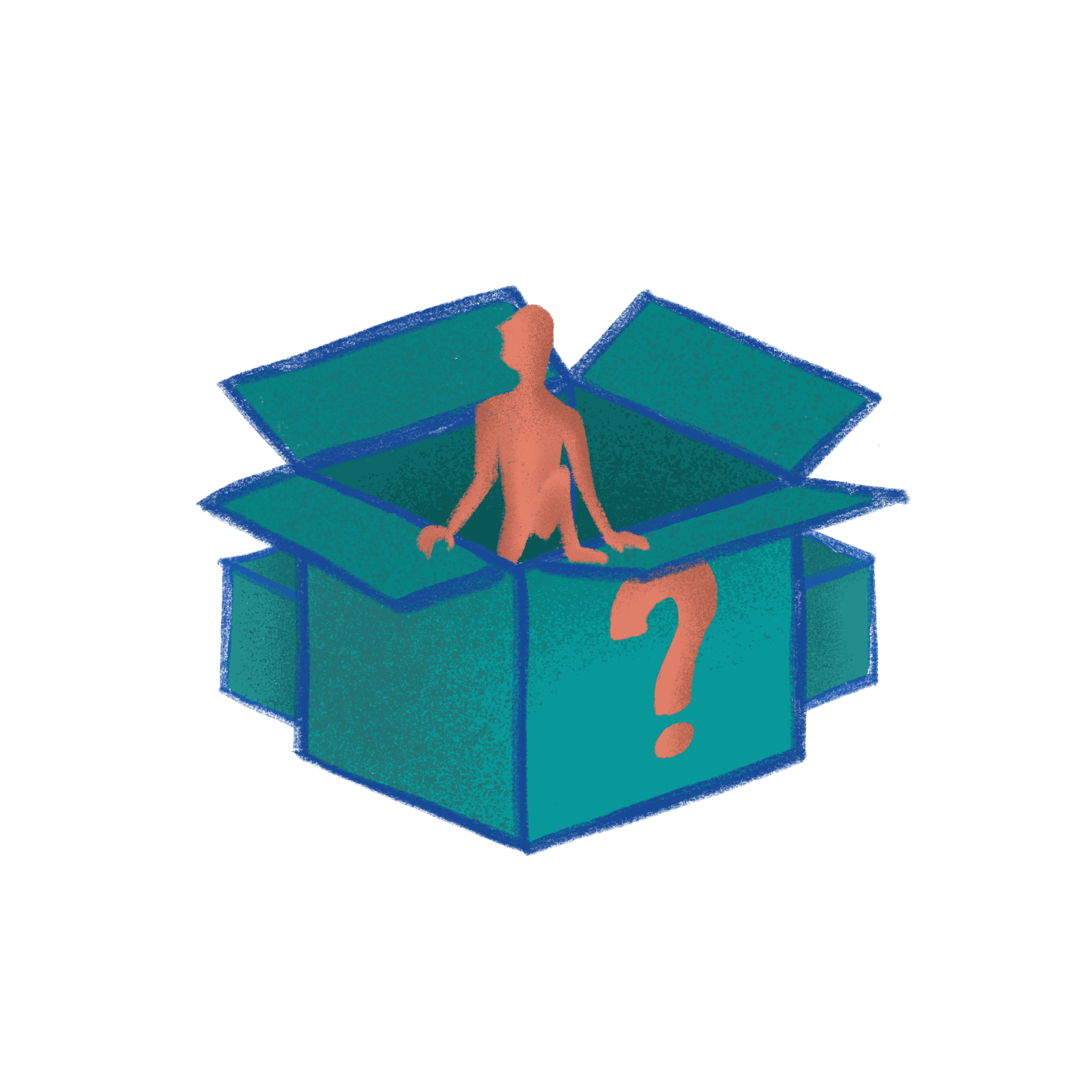 A man getting out of a box with a question mark in it
